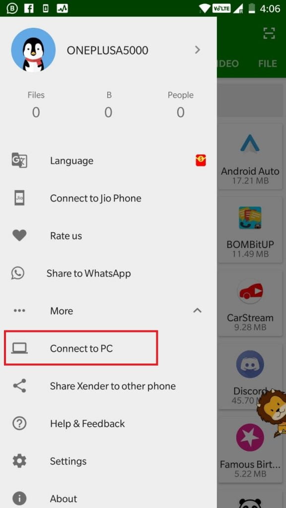 Clicking on Connect to PC on Android