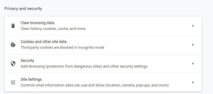 Settings to Clear Cache in Chrome