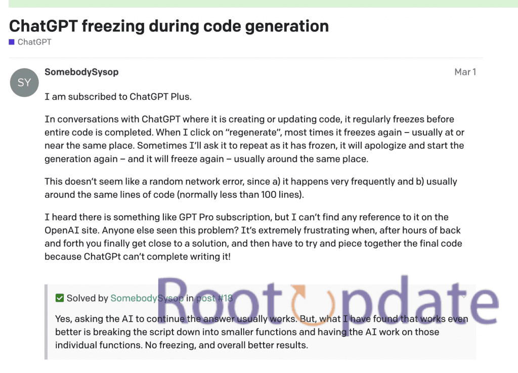 Problem: ChatGPT freezing during code generation
